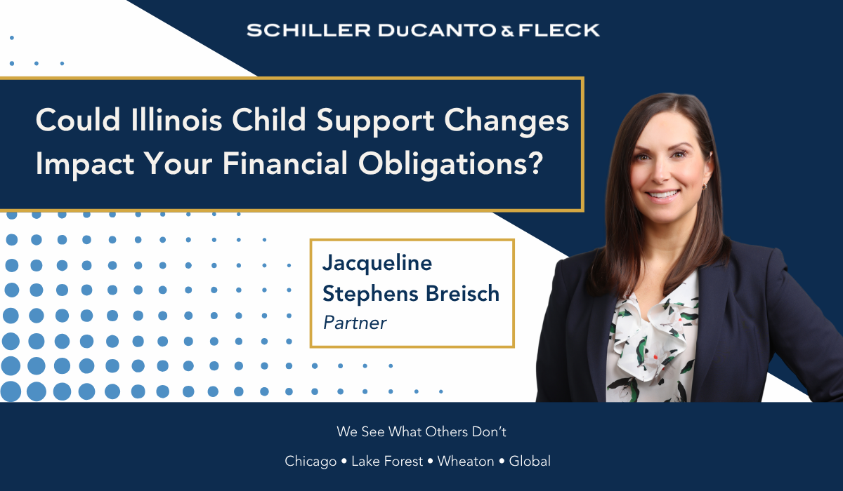 Graphic featuring Partner Jacqueline Stephens Breisch promoting an article on potential Illinois child support changes and their impact on financial obligations, with Schiller DuCanto & Fleck branding.