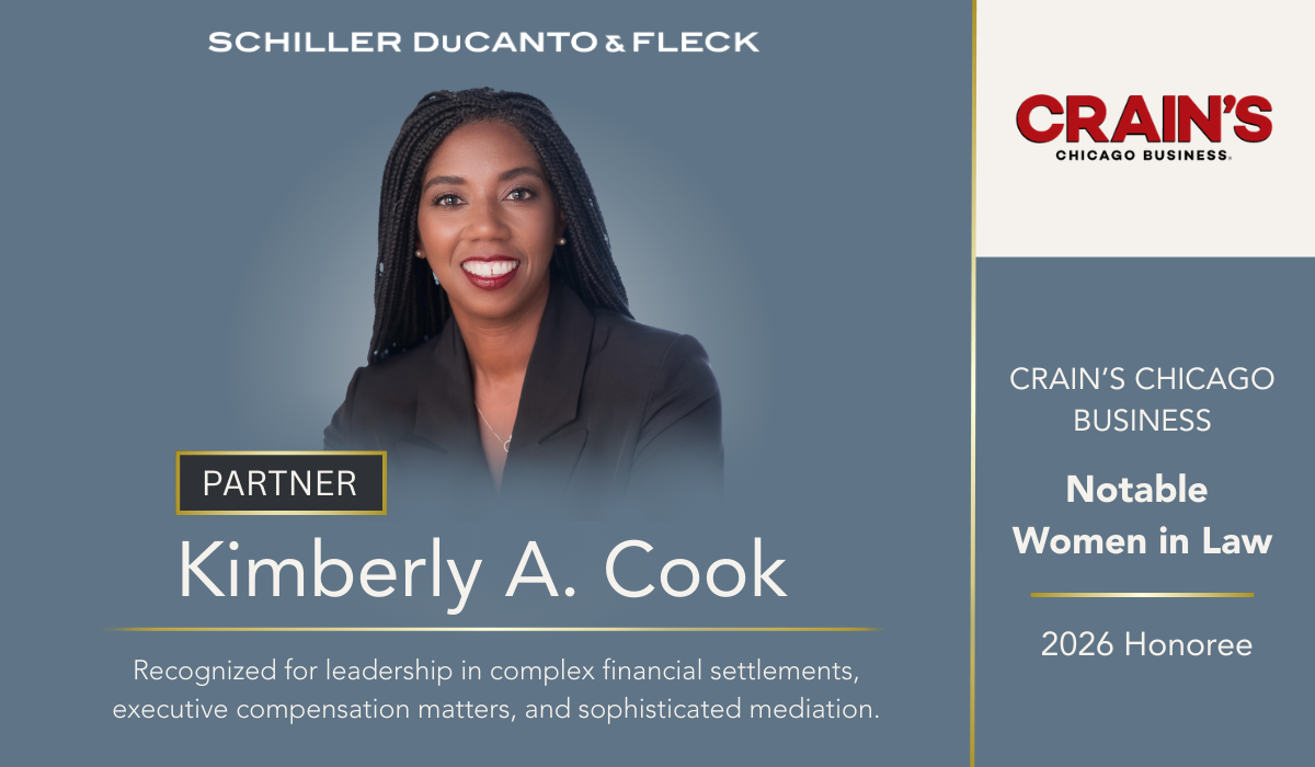 Professional promotional graphic featuring a portrait of Kimberly A. Cook, a Black woman with long braided hair, smiling and wearing a dark blazer against a muted blue background. The text reads “Schiller DuCanto & Fleck” at the top and “Partner Kimberly A. Cook.” A caption below states: “Recognized for leadership in complex financial settlements, executive compensation matters, and sophisticated mediation.” On the right side, the Crain’s Chicago Business logo appears above the text: “Crain’s Chicago Business Notable Women in Law – 2026 Honoree.