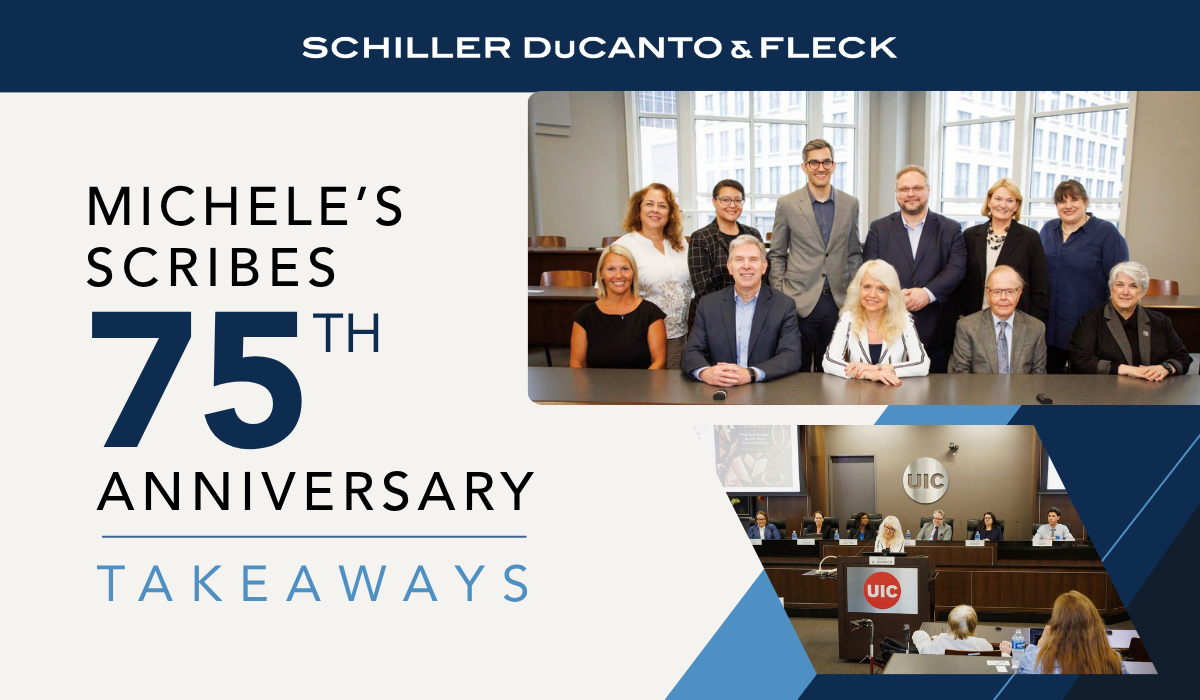 Graphic highlighting Michele Jochner’s Scribes 75th Anniversary takeaways, featuring photos of Scribes members and a panel discussion at UIC.