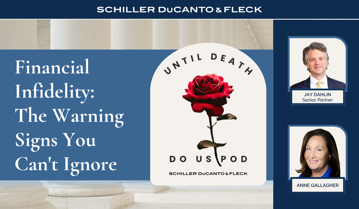 Graphic promoting Schiller DuCanto & Fleck's Until Death Do Us Pod podcast episode titled 